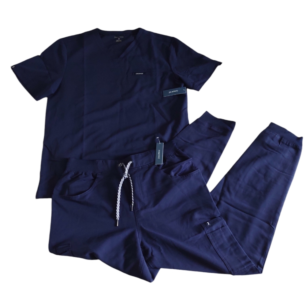 NWT Jaanuu Medium Navy 4 Pocket V-Neck Top  & Mesh Pocket Jogger Scrub Pant Set